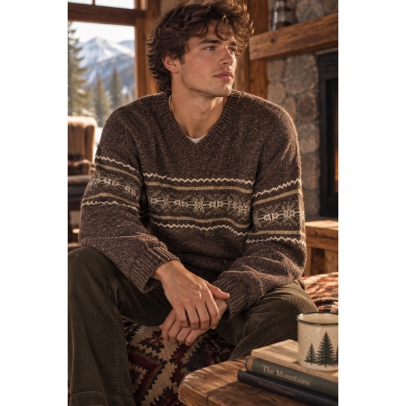 Lawton Harbor Other - Lawton Harbor Mens XL Brown Silk Blend Fair Isle Snowflake V-Neck Sweater